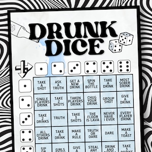 Dronken dobbelstenen drinkspel voor volwassenen, groepsfeestspel afdrukbaar, drinkspel direct downloaden, dobbelstenen bordspel