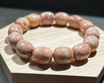 Bracciale in giada di corallo fossile color rosa pesca con motivo naturale bellissimo