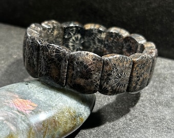 Natural Black Fossil Coral Jade/ Chrysanthemum Soft Bangle