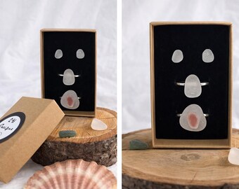Anillos y pendientes de vidrio marino excepcionales de Maidens: conjunto de joyas artesanales de vidrio de playa escocés