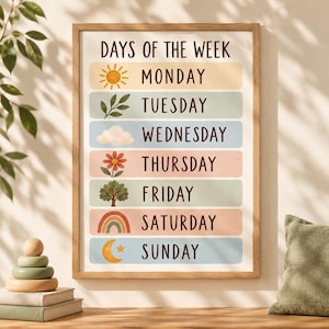 May include: A framed wall art print titled DAYS OF THE WEEK featuring seven horizontal pastel-colored bars. Each bar displays a day of the week in dark brown text alongside a corresponding icon: sun, leaves, cloud, flower, tree, rainbow, and moon.