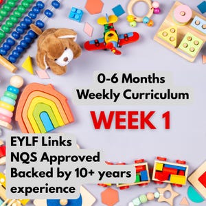 May include: A selection of colourful wooden and plush baby toys, including a rainbow stacker, airplane, and teddy bear, arranged on a light grey surface. Text reads "0-6 Months Weekly Curriculum WEEK 1" and "EYLF Links NQS Approved Backed by 10+ years experience."