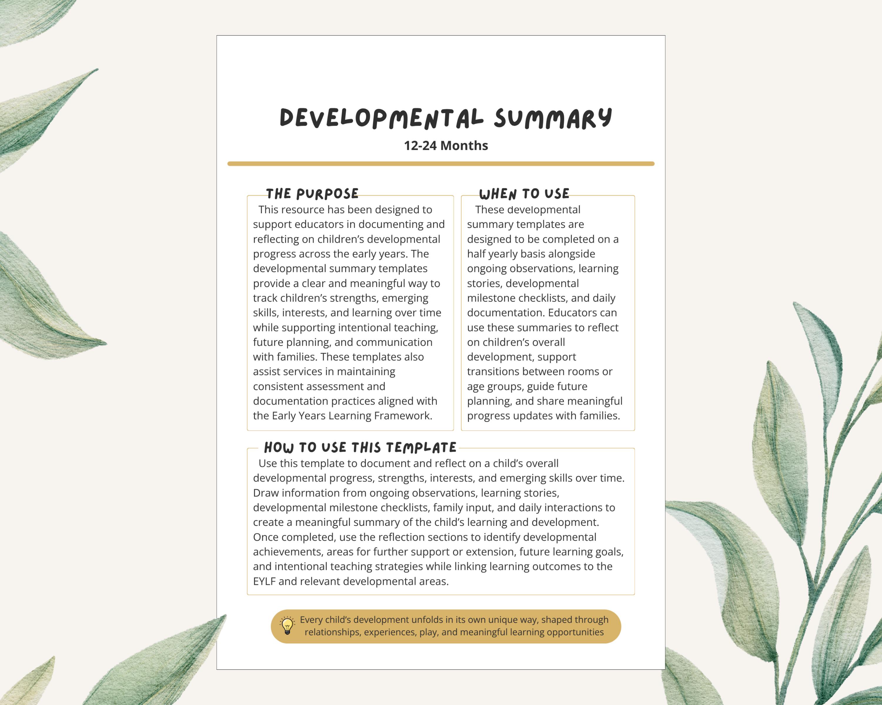 Developmental Summary Template | Early Childhood Portfolio | EYLF ...