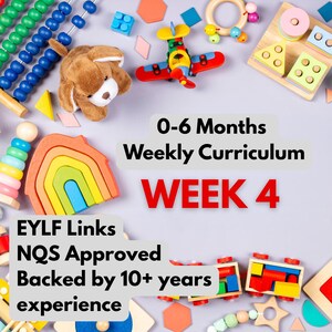 May include: A collection of colorful wooden and plush baby toys, including a teddy bear, airplane, and rainbow stacker, arranged on a light gray background. Text reads "0-6 Months Weekly Curriculum WEEK 4" and "EYLF Links NQS Approved Backed by 10+ years experience."