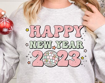 Retro Happy New Year's Disco Ball Sweatshirt, Groovy 2023 Sweatshirt, Happy New Year's T-shirt, New Year's Celebration Tee, 2023 Party Shirt