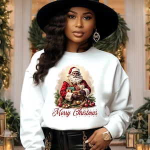 Vintage Black Santa Claus Sweatshirt for the Family Afro-American Merry Christmas Santa Hoodie Matching Pajamas T-shirt White Elephant Gift