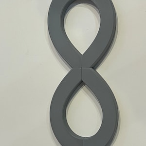 May include: A gray infinity symbol made of plastic. The symbol is made of two interlocking loops.