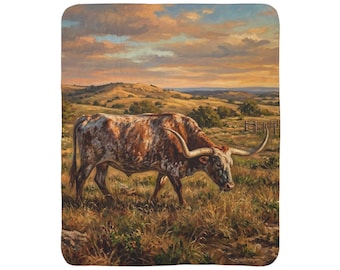 Manta polar con estampado de vacas Longhorn al atardecer / Manta con paisaje de rancho del oeste