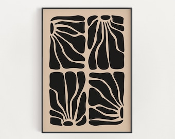 Abstract Botanical Flowers Poster, Digital Download Wall Print, Large Printable Art, Black Beige Abstract Flower, Printable Art