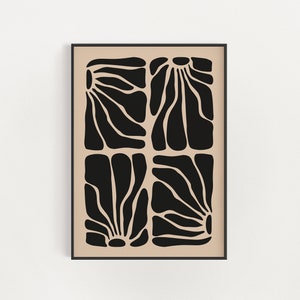 Abstract Botanical Flowers Poster, Digital Download Wall Print, Large Printable Art, Black Beige Abstract Flower, Printable Art