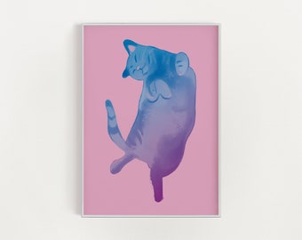 Faule Katze Druck, druckbare rosa und lila Katze Poster, digitale Katzenliebhaber Kunst, sofortiger Download, große druckbare Kunst