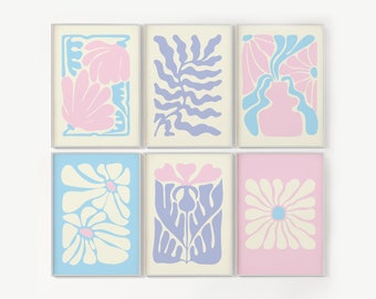 Pastel abstracte botanische prints, Set van 6 eclectische galerij muur set, retro pastelkleuren kunst aan de muur, golvende bloemenprints, maximalistische kunst