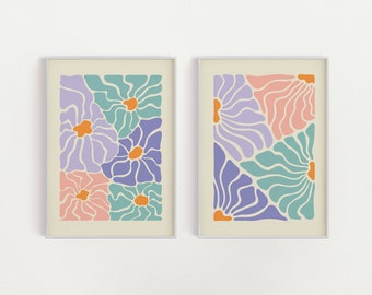 Colorful abstract botanical prints, set of 2 flowers poster, retro vibrant colors wall art, wavy flower prints, maximalist art
