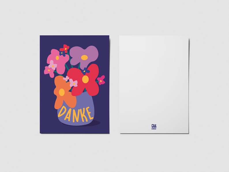 May include: A rectangular greeting card featuring a dark blue background with a stylized illustration of a purple vase containing colorful flowers in shades of pink, red, orange, and lavender. The word DANKE is printed in yellow on the vase.