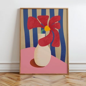 Cartel de pintura de jarrón, estampado abstracto de flores botánicas, estampado floral retro, flor roja en jarrón, estampado de arte abstracto floral