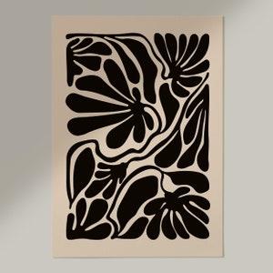 May include: Abstract art print featuring a black and white design of stylized flowers and leaves on a beige background.
