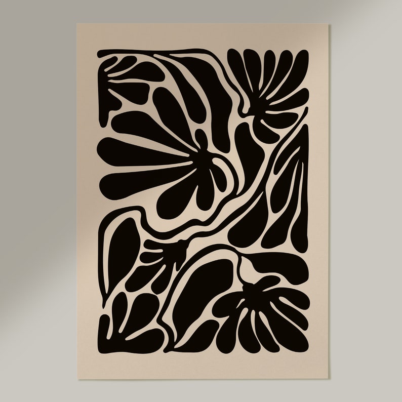 May include: Abstract art print featuring a black and white design of stylized flowers and leaves on a beige background.
