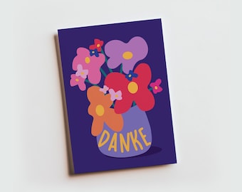 Greeting Card "Danke" ,Vibrant Colorful Flowers Thank You Card, A6 with Envelope