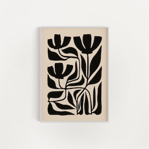 Abstract Botanical Flowers Poster, Digital Download Wall Print, Large Printable Art, Black Beige Abstract Flower, Printable Art
