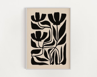 Abstrakte botanische Blumen Poster, digitaler Download Wanddruck, große druckbare Kunst, schwarz beige abstrakte Blume, druckbare Kunst