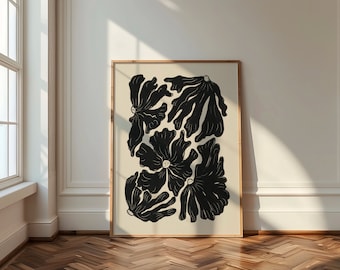 Abstract Botanical Digital Download, Beige Black Wall Art, Neutral Botanical Beige Printable Art, Floral Illustration Botanical Poster