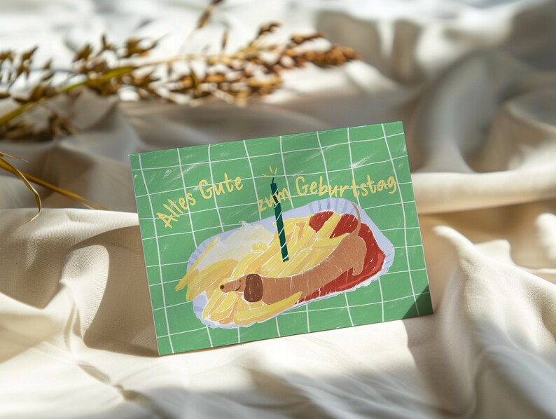 Lustige Geburtstagskarte: Dackel als Currywurst mit Pommes, Glückwunschkarte - Hundeliebe Karte, Dachshund Geburtstagskarte imagen 4
