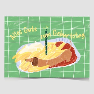 Lustige Geburtstagskarte: Dackel als Currywurst mit Pommes, Glückwunschkarte - Hundeliebe Karte, Dachshund Geburtstagskarte