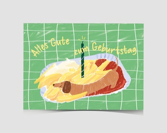 Lustige Geburtstagskarte: Dackel als Currywurst mit Pommes, Glückwunschkarte - Hundeliebe Karte, Dachshund Geburtstagskarte