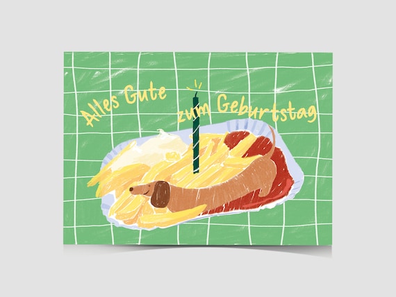 Lustige Geburtstagskarte: Dackel als Currywurst mit Pommes, Glückwunschkarte - Hundeliebe Karte, Dachshund Geburtstagskarte