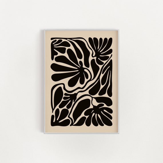 Abstract Botanical Flowers Poster, Digital Download Wall Print, Large Printable Art, Black Beige Abstract Flower, Printable Art