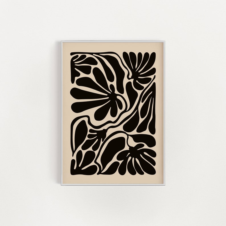 May include: Abstract art print featuring a black and white design of stylized flowers and leaves on a beige background.