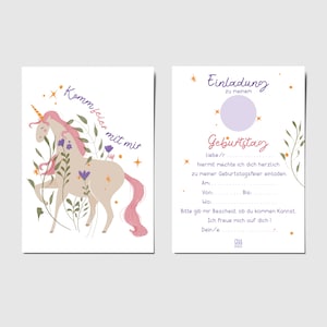 Einhorn Einladungskarten Set 5/10 zum ausfüllen für Einhorn Kindergeburtstag, Kindergeburtstagseinladung, Umschläge inklusive