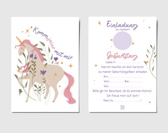 Unicorn invitation card set of 5/10 to fill out  for unicorn children's birthday parties, Children's birthday invitation, Envelopes Included