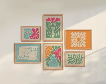 Bunte abstrakte botanische Drucke, 6-er Set eklektisches Galerie-Wandset, Wandkunst in lebhaften Retro-Farben, gewellte Blumendrucke, maximalistische Kunst
