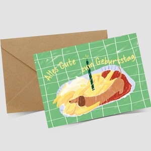 Lustige Geburtstagskarte: Dackel als Currywurst mit Pommes, Glückwunschkarte - Hundeliebe Karte, Dachshund Geburtstagskarte imagen 3
