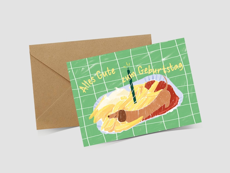 Lustige Geburtstagskarte: Dackel als Currywurst mit Pommes, Glückwunschkarte - Hundeliebe Karte, Dachshund Geburtstagskarte imagen 3