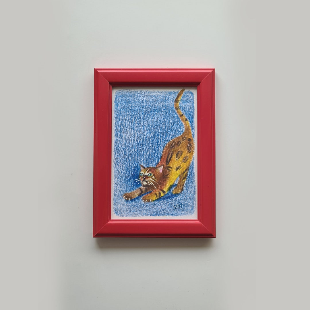 Framed Colored Pencil Cat Painting, Original Wall Art, Original Cat Art Etsy