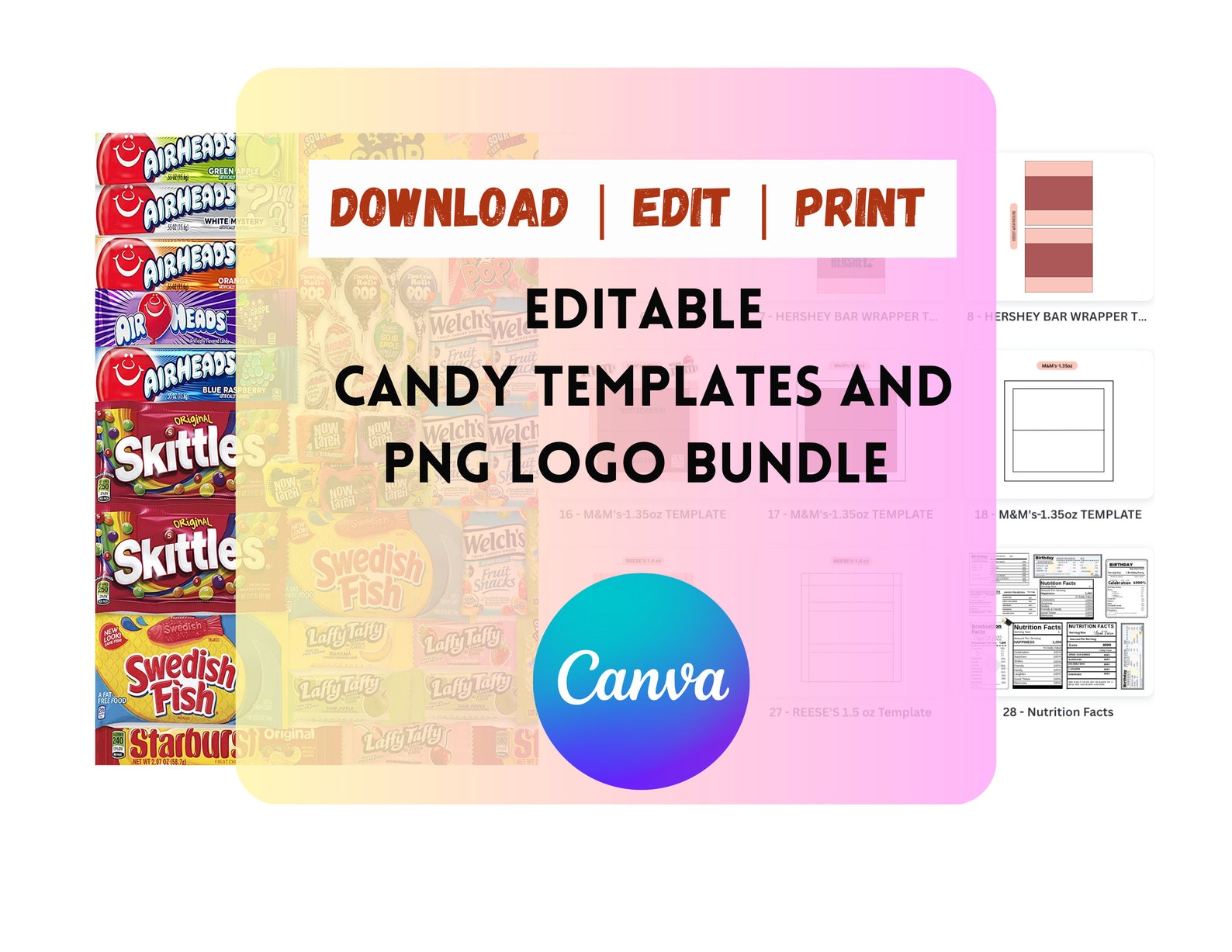 Candy TEMPLATE BUNDLE | Party Favor Template Canva Editable | DIY Chips ...