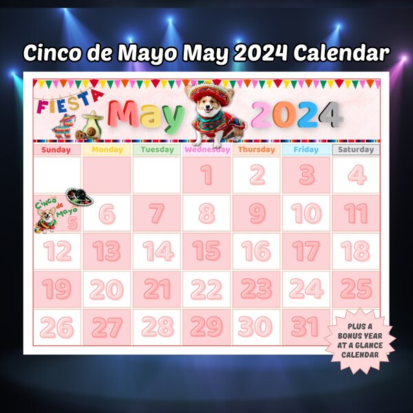 Printable May 2024 Calendar Cute Corgi Calendar Kids Room Wall Calendar Corgi or Dog Lover Gift Cinco de Mayo Theme Instant Download