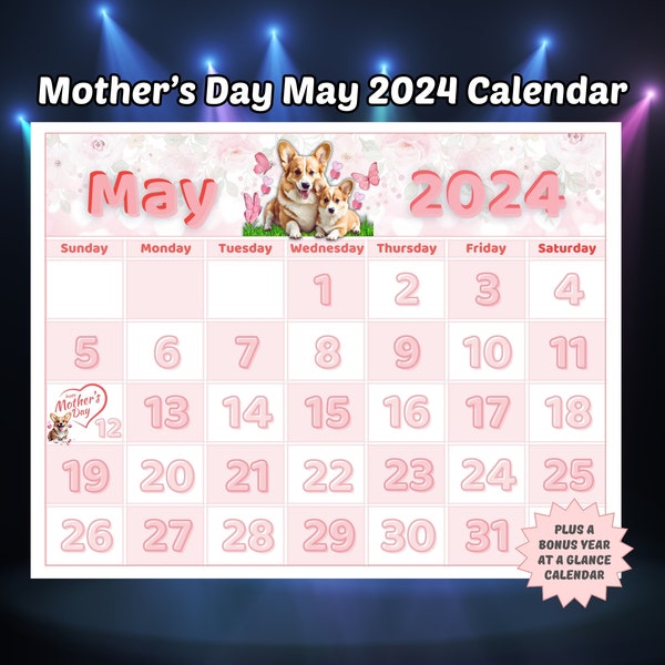 Printable May 2024 Calendar Cute Corgi Calendar Kids Room Wall Calendar Corgi or Dog Lover Gift May Mother’s Day Theme Instant Download