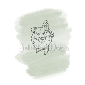 以下が含まれることがあります： 緑色の水彩の背景に、上を見上げる犬の線画が描かれており、テキストには「Salted Kissed Designs」とあります。
