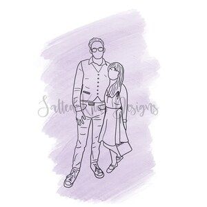 以下が含まれることがあります： 一緒に立っているカップルの線画。男性はベストと眼鏡を着用しています。女性はドレスを着ています。絵は薄い紫色の水彩画の背景に描かれています。