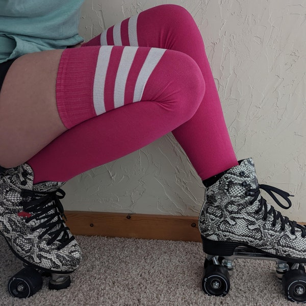 Roller Skate Socks, Thigh High Socks, Retro Socks, Striped Socks,Retro Style Socks,Low profile knee pads,Hot Pink Socks, Over the Knee Socks