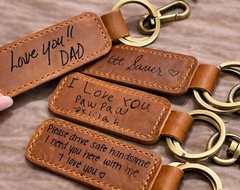 Engraved Handwriting Leather Keychain, Personalized Male Keychain