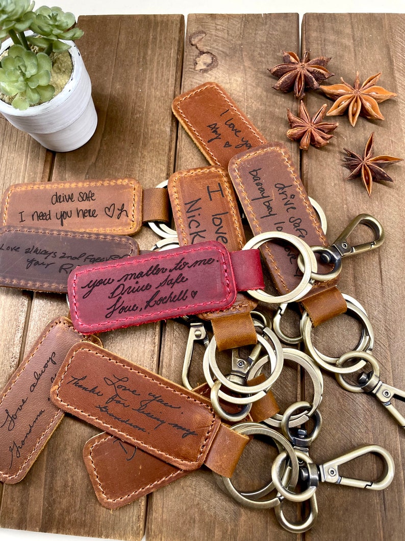 Handwriting Keychain Customized Leather Keychain Engraved Keychain Personalized Handwriting gift 3rd Year Anniversary gift Christmas gift image 3