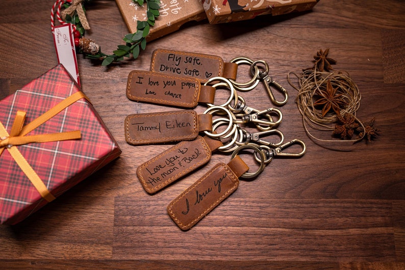 Handwriting Keychain Customized Leather Keychain Engraved Keychain Personalized Handwriting gift 3rd Year Anniversary gift Christmas gift image 1