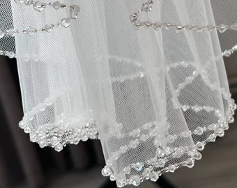 Velo de novia color marfil con ribete de cristal, velo de novia de 118" de ancho, velo de novia con cuentas, velo catedral hecho a mano con cristales bordados,