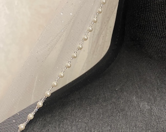 Glitter Pearl edge Wedding Veil, Sparkling Tulle Veil with Angel Cut, Long Shimmering Cathedral Veil, Beaded Ivory bridal Veil