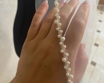 Ivory Pearl Edge Wedding Veil, Long Cathedral Bridal Veil , Beaded Ivory Veil, Handmade Beaded Wedding Veil, Bridal Veil with Pearls