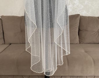 Glitter Pearls Wedding Veil, Sparkling Tulle Veil with Angel Cut, Long Shimmering Cathedral Veil, Beaded Ivory Veil